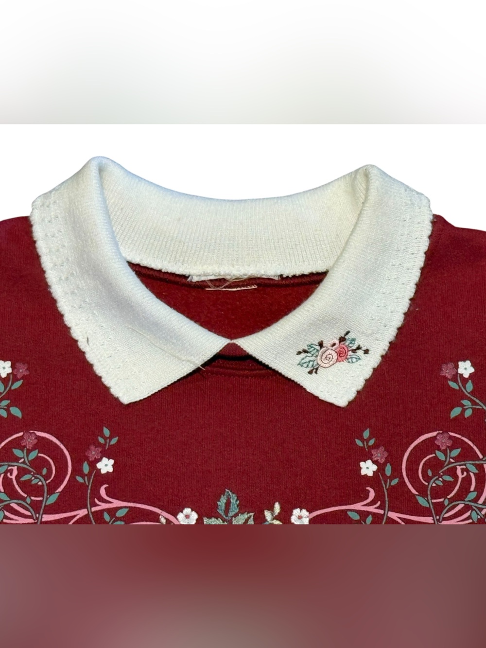 Vintage Burgundy Red Floral Embroidered Sweatshirt with White Collar Womens XL - Picture 3 of 7